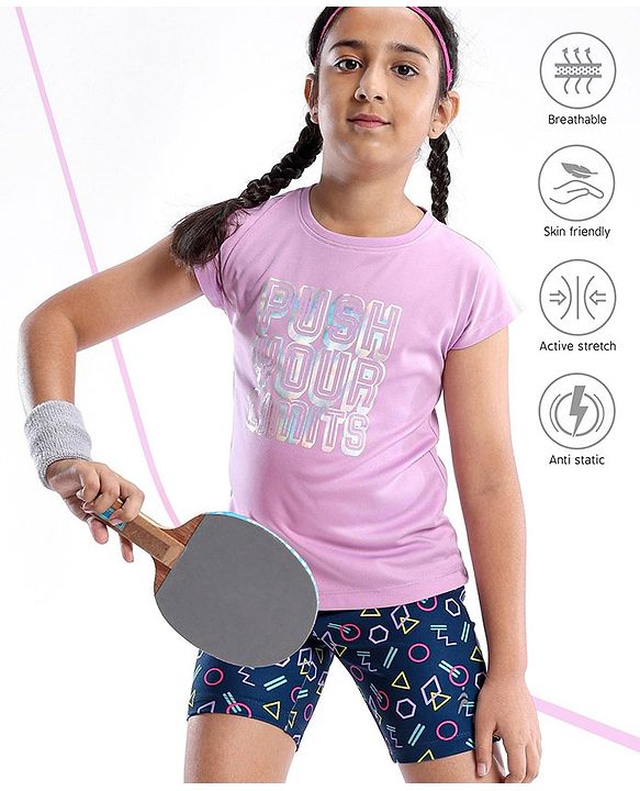 Pine Active Stretchable Half Sleeves T-shirt and Cycling Shorts Set Printed - Blue Pink