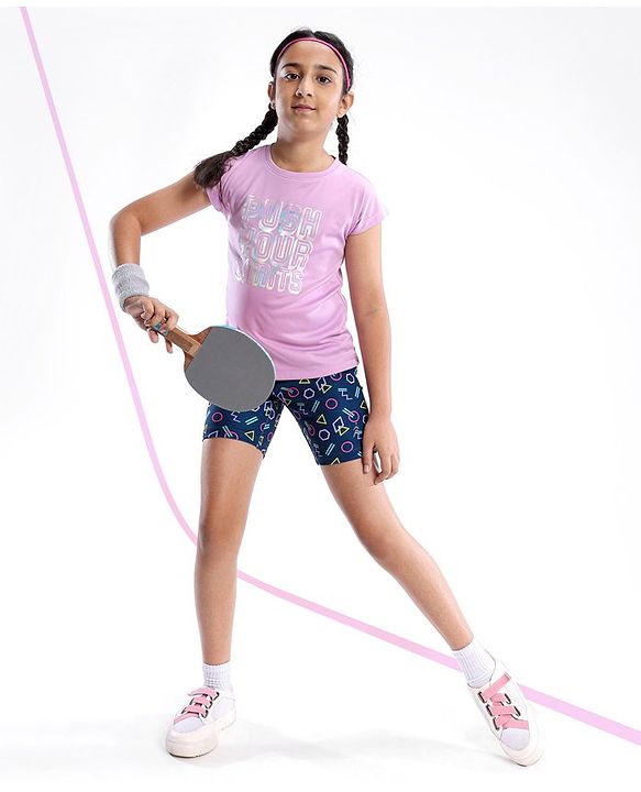 Pine Active Stretchable Half Sleeves T-shirt and Cycling Shorts Set Printed - Blue Pink