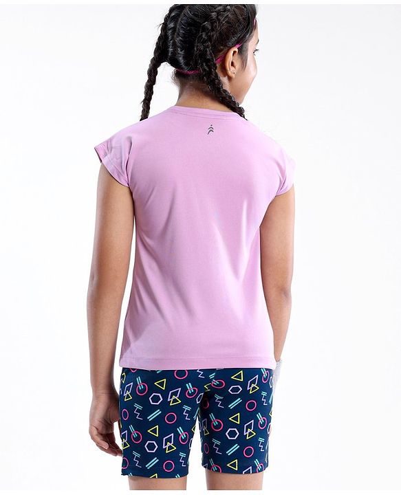Pine Active Stretchable Half Sleeves T-shirt and Cycling Shorts Set Printed - Blue Pink