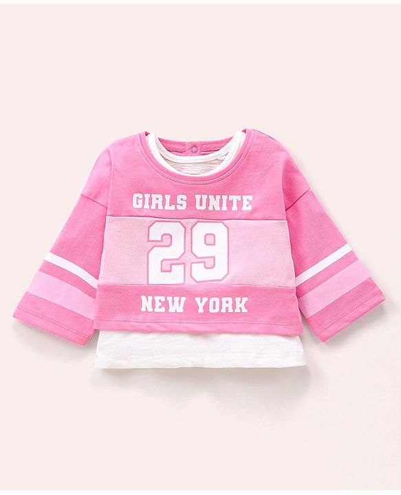 Babyhug Three Fourth Sleeves Crop Top With Inner Tee Placement Print - Pink