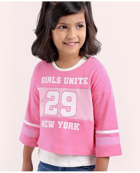 Babyhug Three Fourth Sleeves Crop Top With Inner Tee Placement Print - Pink
