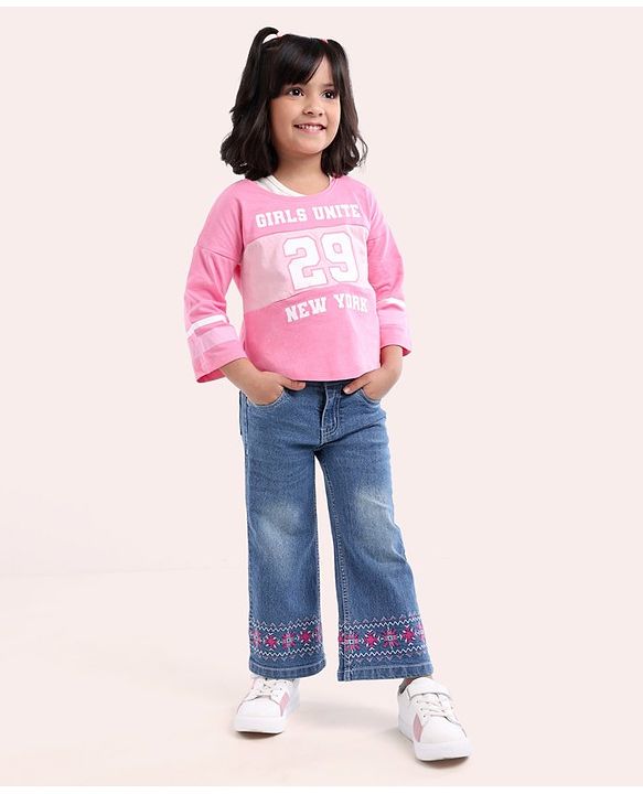 Babyhug Three Fourth Sleeves Crop Top With Inner Tee Placement Print - Pink