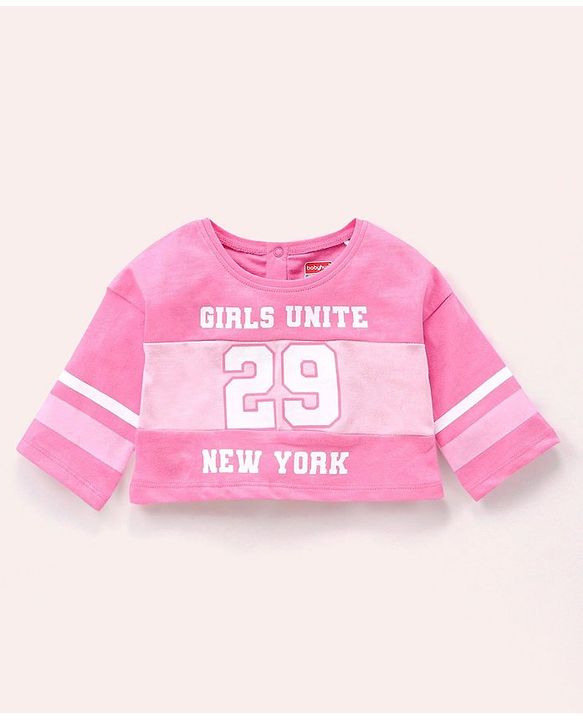 Babyhug Three Fourth Sleeves Crop Top With Inner Tee Placement Print - Pink