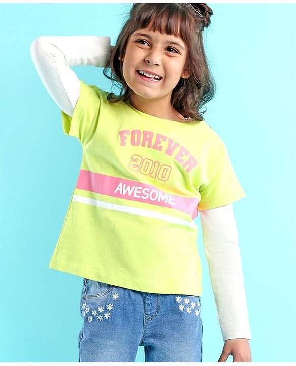 Babyhug 100% Cotton Full Sleeves T-Shirt Text Graphics Pack of 2 - Lime & Off White