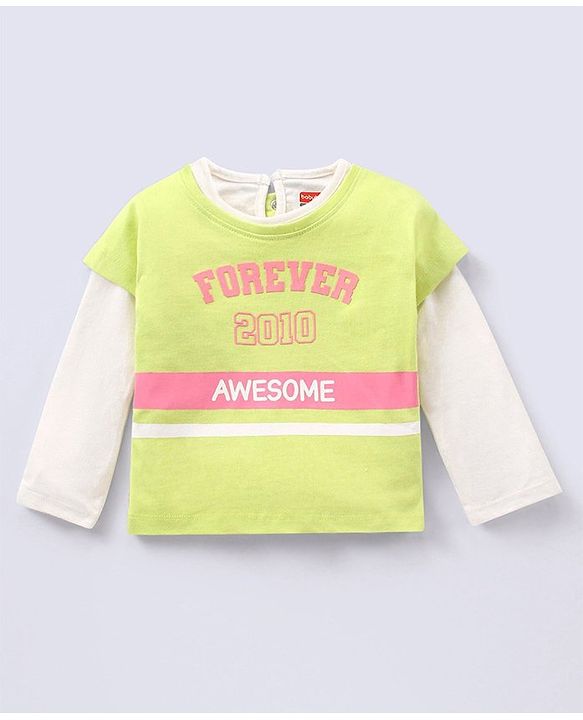 Babyhug 100% Cotton Full Sleeves T-Shirt Text Graphics Pack of 2 - Lime & Off White