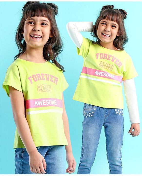 Babyhug 100% Cotton Full Sleeves T-Shirt Text Graphics Pack of 2 - Lime & Off White