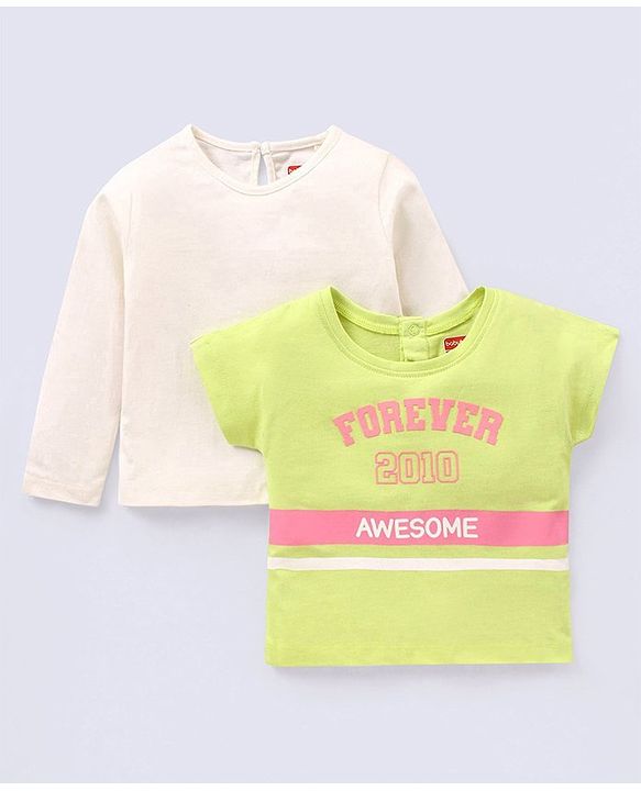 Babyhug 100% Cotton Full Sleeves T-Shirt Text Graphics Pack of 2 - Lime & Off White