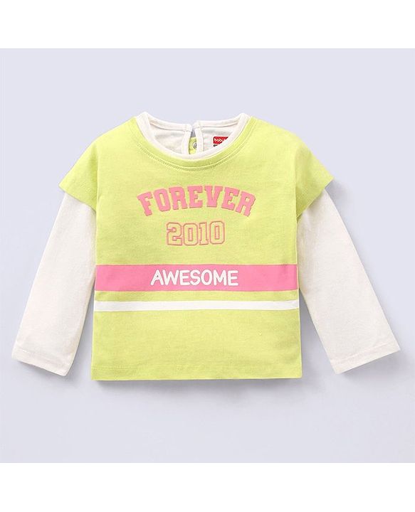 Babyhug 100% Cotton Full Sleeves T-Shirt Text Graphics Pack of 2 - Lime & Off White