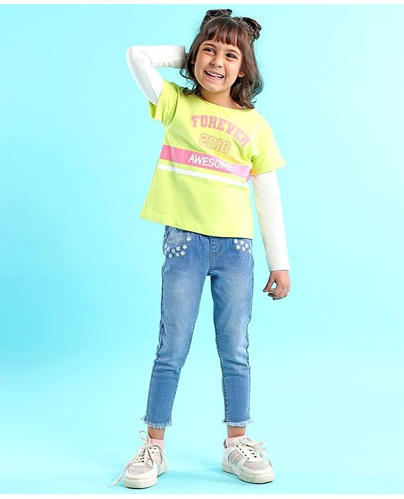 Babyhug 100% Cotton Full Sleeves T-Shirt Text Graphics Pack of 2 - Lime & Off White