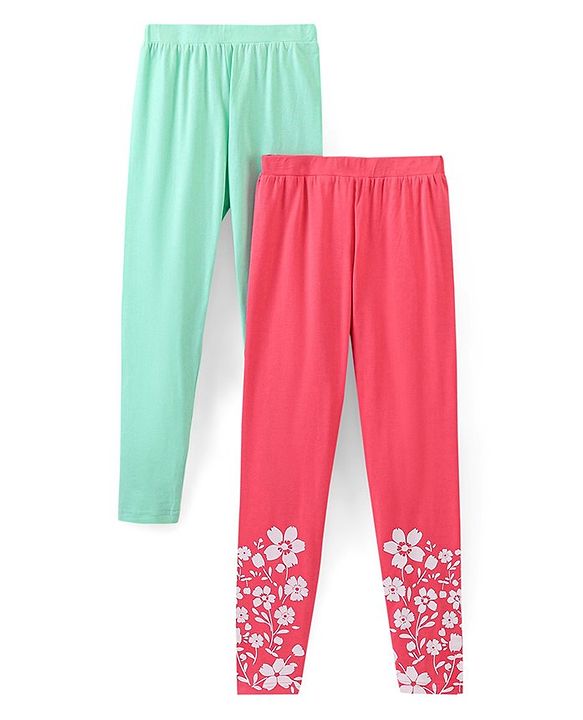 Pine Kids Full Length Stretchable & Biowashed Cotton Leggings Solid & Floral Print Pack Of 2 - Blue Pink