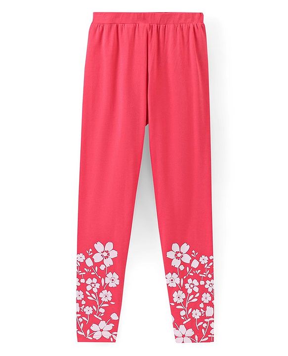 Pine Kids Full Length Stretchable & Biowashed Cotton Leggings Solid & Floral Print Pack Of 2 - Blue Pink