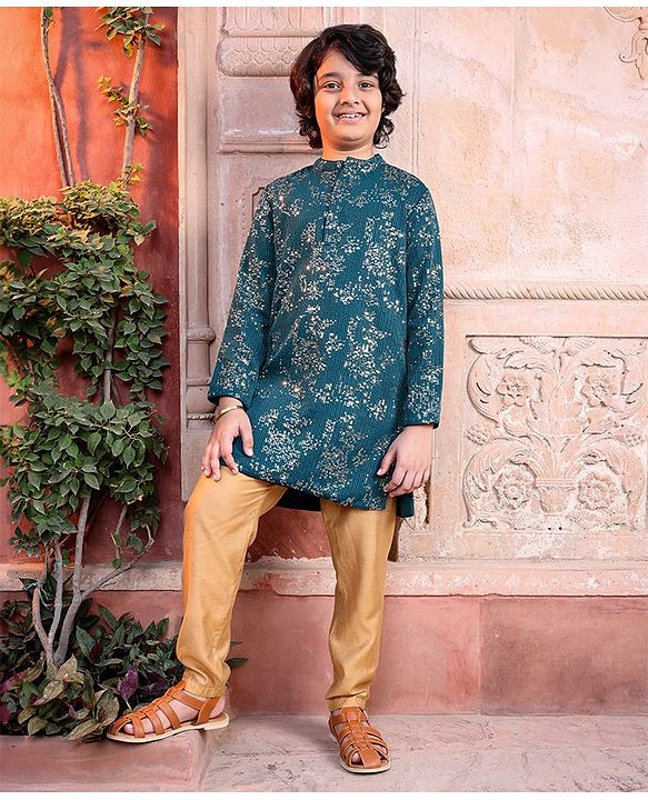 Pine Kids Full Sleeves All Over Sequined Kurta Pyjama Set - Blue