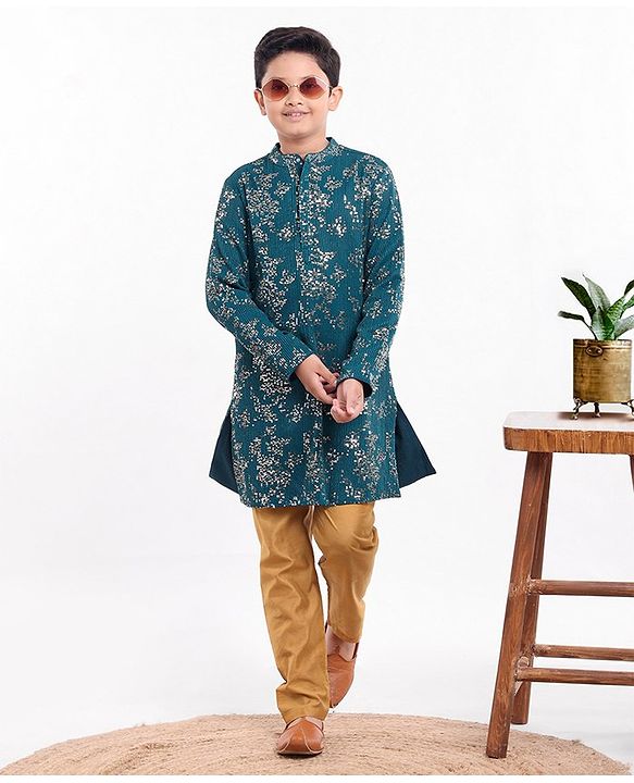 Pine Kids Full Sleeves All Over Sequined Kurta Pyjama Set - Blue