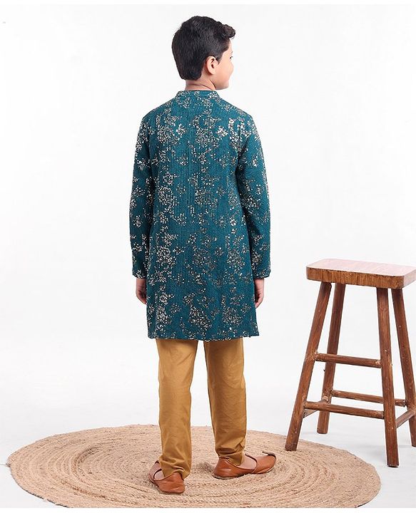 Pine Kids Full Sleeves All Over Sequined Kurta Pyjama Set - Blue