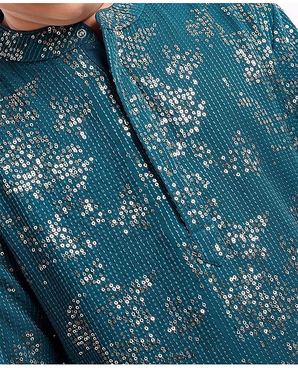 Pine Kids Full Sleeves All Over Sequined Kurta Pyjama Set - Blue