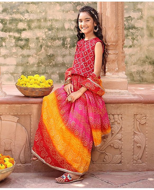 Pine Kids Sleeveless Sequined Choli & Ethnic Print Lehenga with Dupatta Set - Red