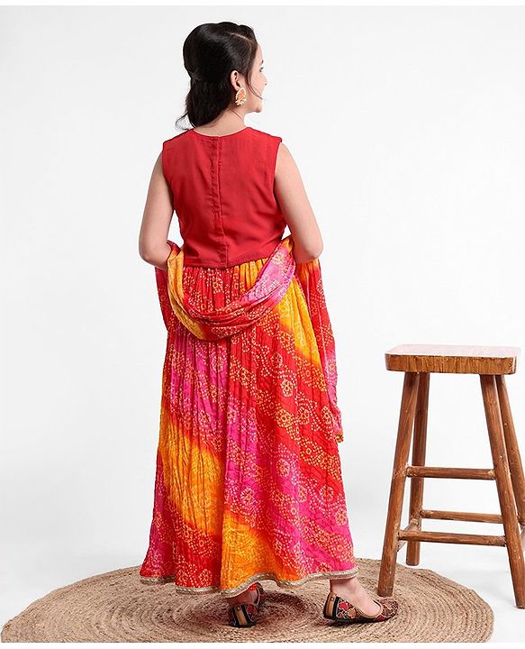 Pine Kids Sleeveless Sequined Choli & Ethnic Print Lehenga with Dupatta Set - Red