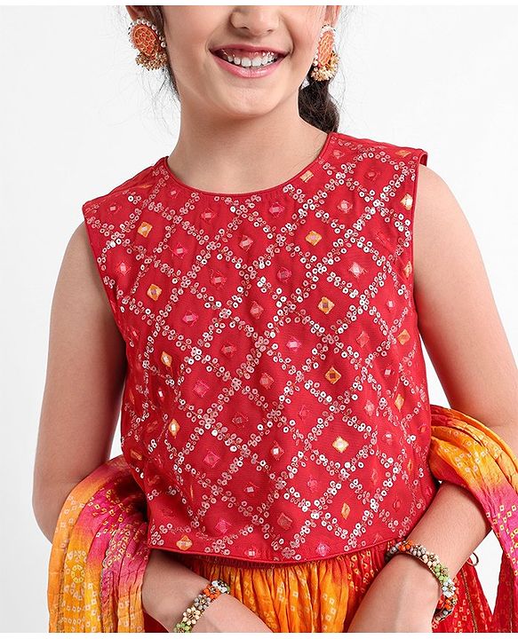 Pine Kids Sleeveless Sequined Choli & Ethnic Print Lehenga with Dupatta Set - Red