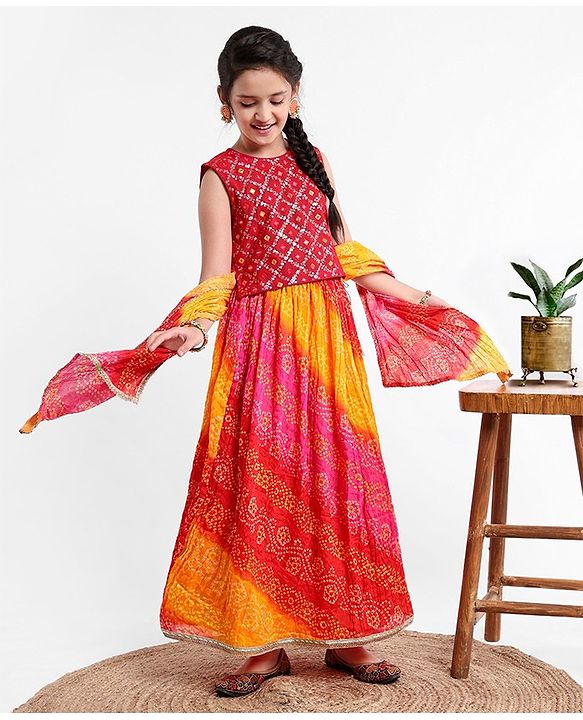 Pine Kids Sleeveless Sequined Choli & Ethnic Print Lehenga with Dupatta Set - Red