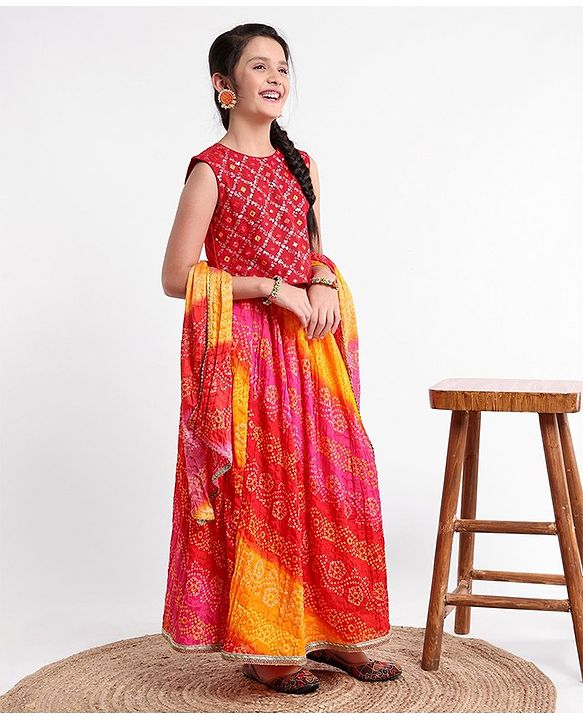 Pine Kids Sleeveless Sequined Choli & Ethnic Print Lehenga with Dupatta Set - Red