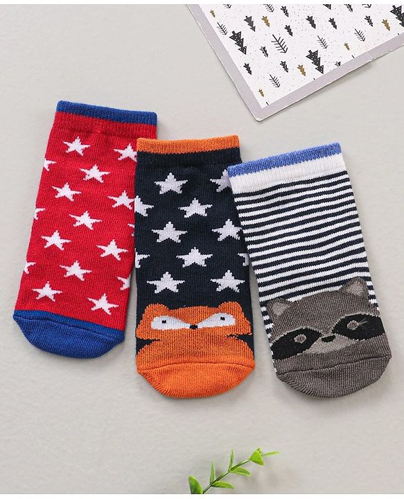 Cute Walk by Babyhug Ankle Length Antibacterial Socks Striped & Stars Design  Pack of 3 - Multicolour