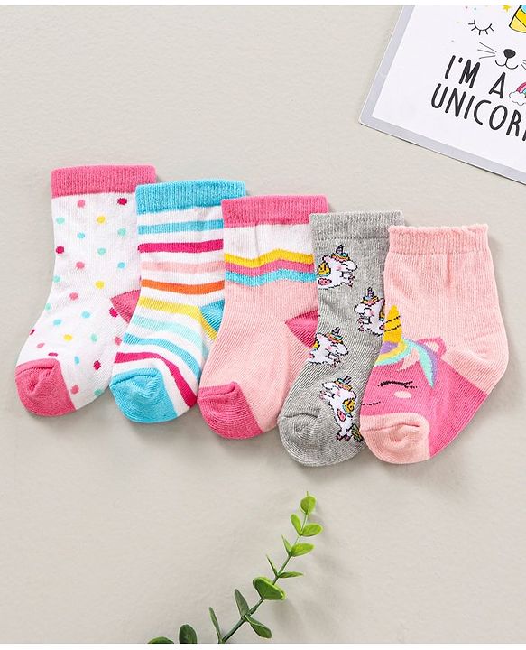 Cute Walk by Babyhug Ankle Length Antibacterial Socks Pack Of 5  Striped & Unicorn Design - Multicolour