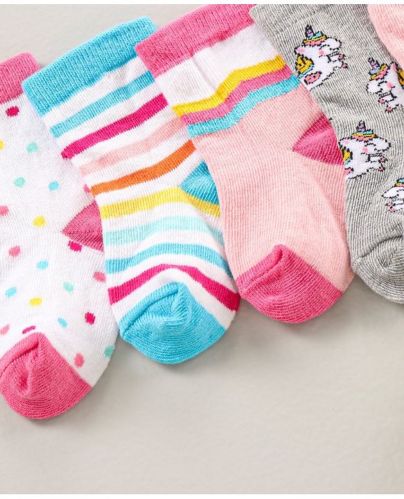Cute Walk by Babyhug Ankle Length Antibacterial Socks Pack Of 5  Striped & Unicorn Design - Multicolour
