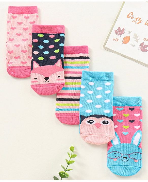 Cute Walk by Babyhug Ankle Length Antibacterial Socks Pack Of 5 Hearts Design  - Multicolour