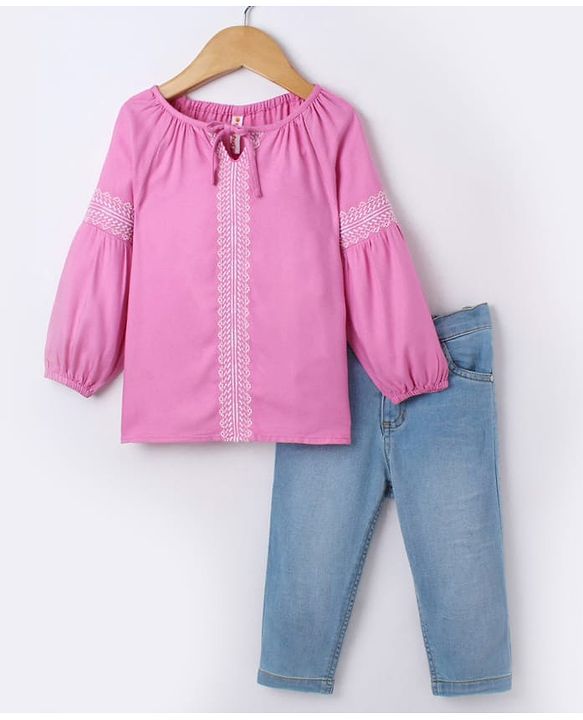 Babyhug 100% Rayon Full Length Embroidered Top with Denim Jeans- Pink & Blue