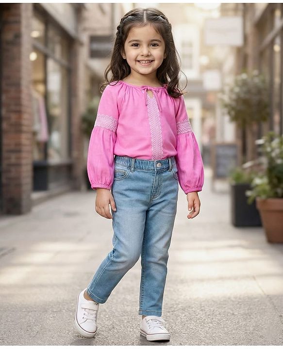 Babyhug 100% Rayon Full Length Embroidered Top with Denim Jeans- Pink & Blue