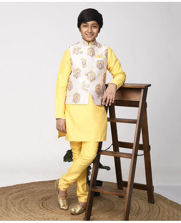 NAMASKAR Boys Yellow Woven Design Nehru Jacket - Absolutely Desi