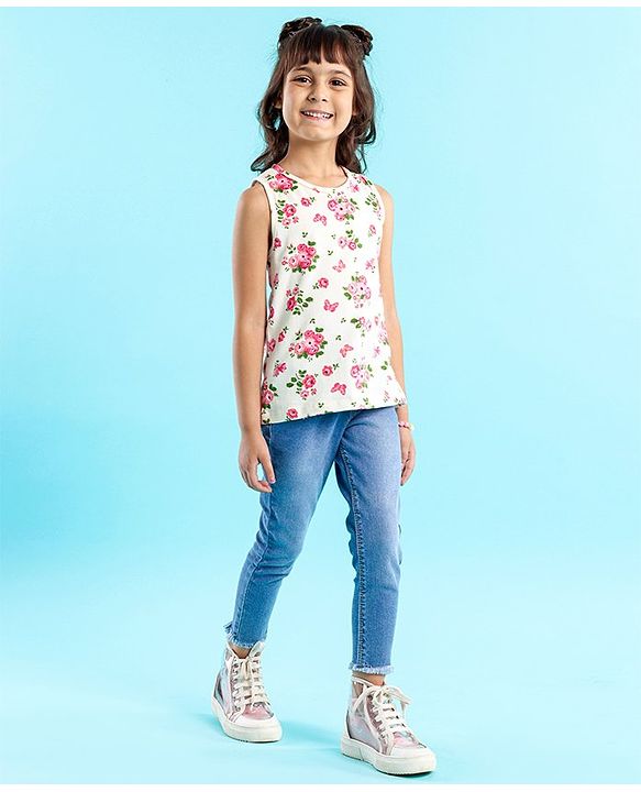 Babyhug Sleeveless Crop Top with Inner Tee Floral and Text Print - Pink White