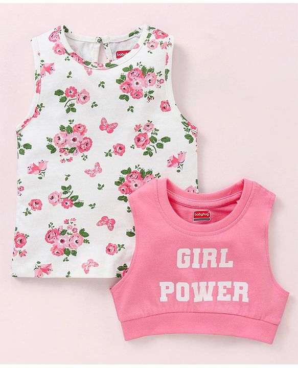Babyhug Sleeveless Crop Top with Inner Tee Floral and Text Print - Pink White