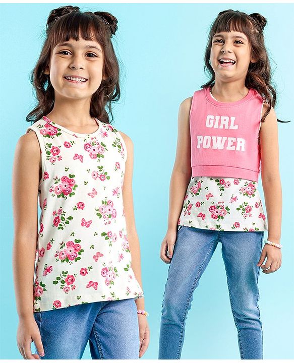 Babyhug Sleeveless Crop Top with Inner Tee Floral and Text Print - Pink White