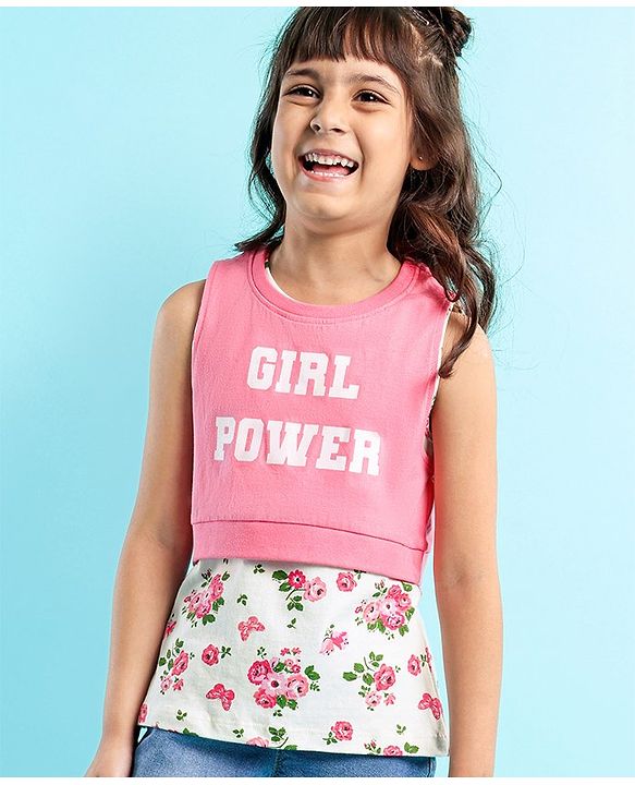 Babyhug Sleeveless Crop Top with Inner Tee Floral and Text Print - Pink White
