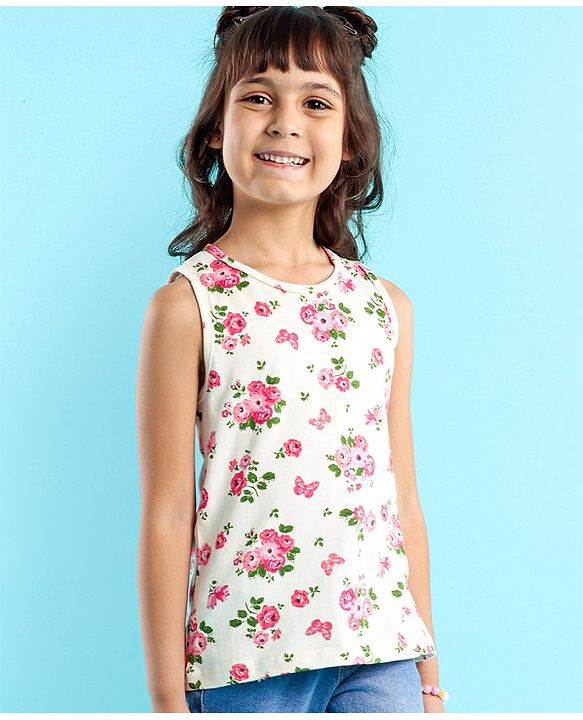 Babyhug Sleeveless Crop Top with Inner Tee Floral and Text Print - Pink White