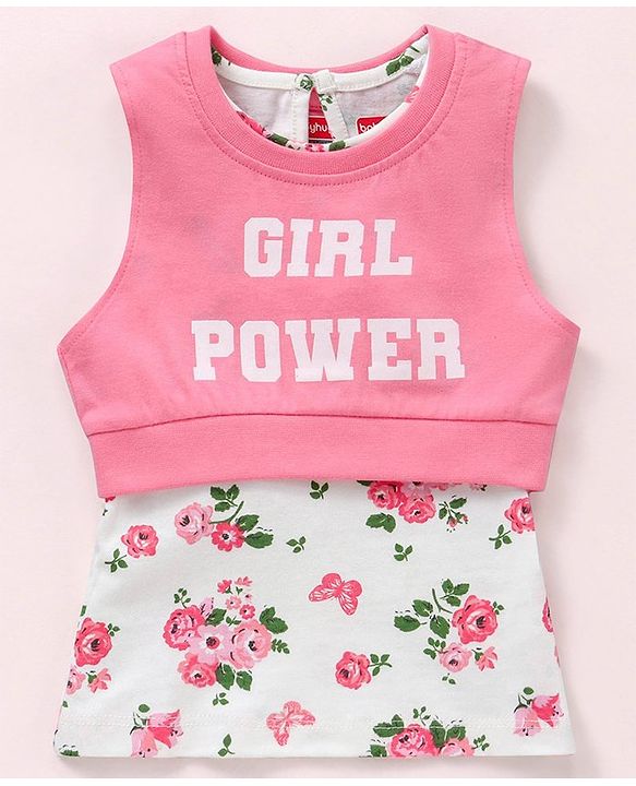 Babyhug Sleeveless Crop Top with Inner Tee Floral and Text Print - Pink White