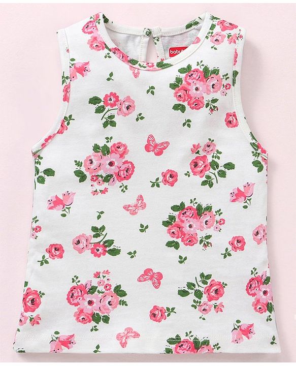 Babyhug Sleeveless Crop Top with Inner Tee Floral and Text Print - Pink White