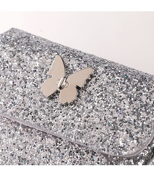 Babyhug Free Size Sling Bag  With Sequin Detailing & Butterfly Applique- Silver