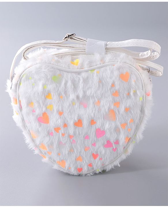 Babyhug Free Size Sling Bag With Fur Detailing & Hearts Print- White