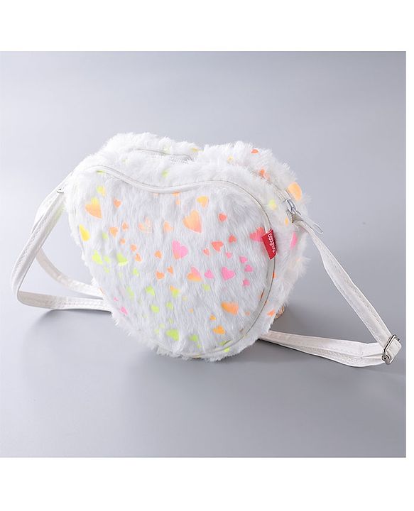 Babyhug Free Size Sling Bag With Fur Detailing & Hearts Print- White