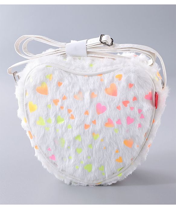 Babyhug Free Size Sling Bag With Fur Detailing & Hearts Print- White