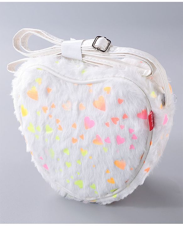 Babyhug Free Size Sling Bag With Fur Detailing & Hearts Print- White
