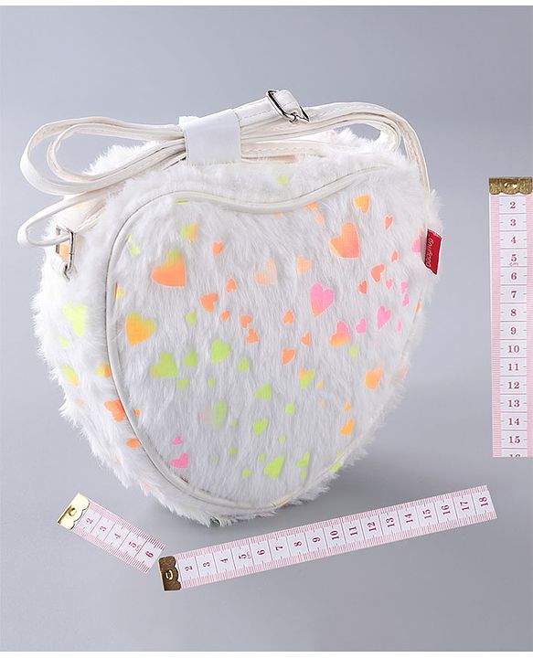 Babyhug Free Size Sling Bag With Fur Detailing & Hearts Print- White
