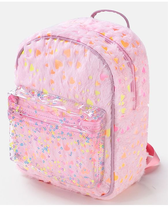 Babyhug Free Size Fashion Fur Backpack Hearts Print- Pink
