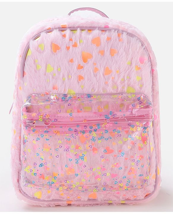 Babyhug Free Size Fashion Fur Backpack Hearts Print- Pink