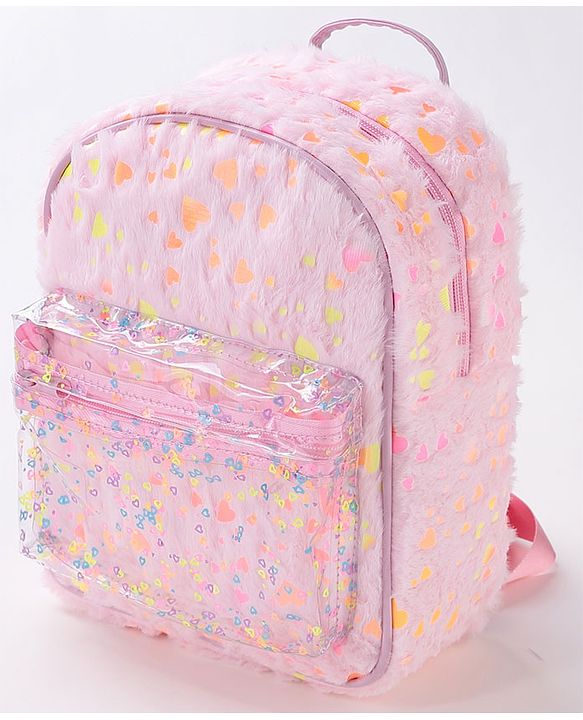 Babyhug Free Size Fashion Fur Backpack Hearts Print- Pink