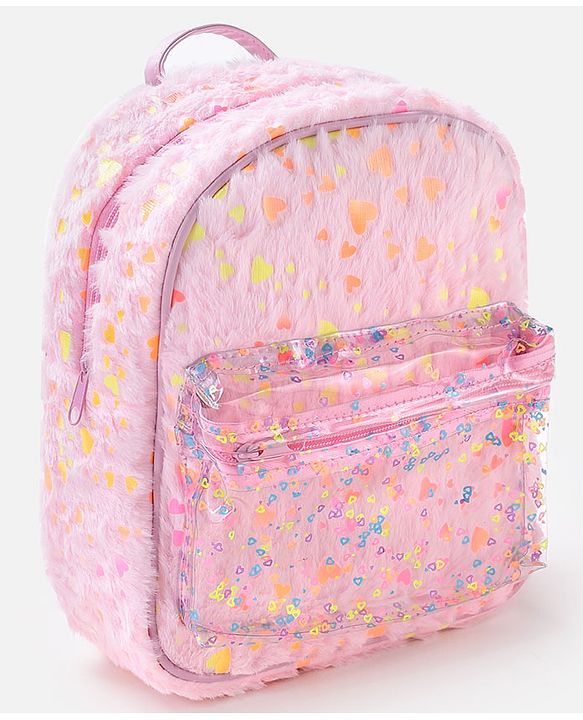 Babyhug Free Size Fashion Fur Backpack Hearts Print- Pink