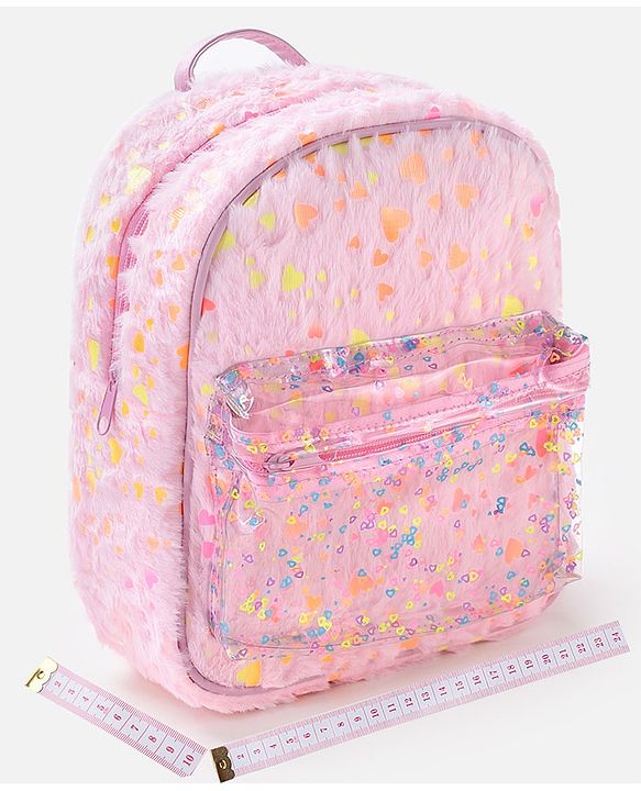 Babyhug Free Size Fashion Fur Backpack Hearts Print- Pink