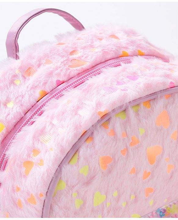 Babyhug Free Size Fashion Fur Backpack Hearts Print- Pink
